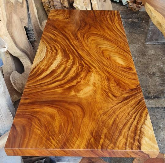 Straight Edge Dining Table 8Ft in Length Grade Aaa Reclaimed Thai Golden Acacia Wood Single Slab Custom Made With Stainless Steel Legs