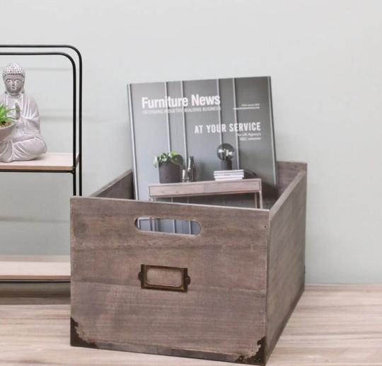 Wooden Office Storage Box With Handles & Label Holder