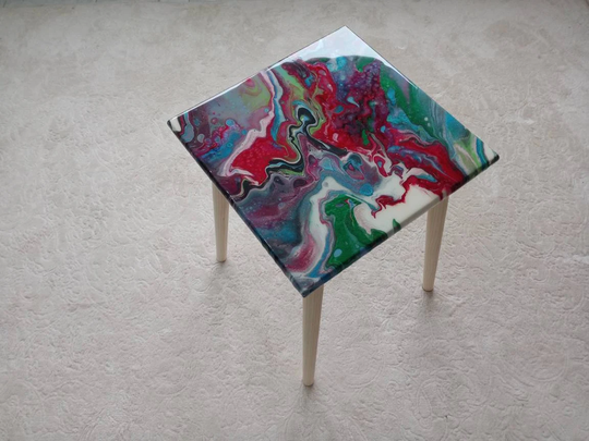 Modern Wood Resin Bedside Sofa Art Table, Unique Epoxy Wooden Small Cool Fun Entryway End Side Low Square Abstract Living Room Coffee Table