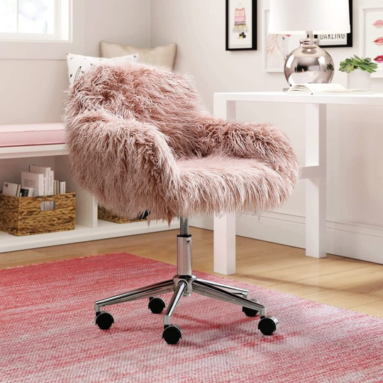 Cute Fluffy Fur Vanity Chair, Height Adjustable Swivel Computer Office Chair, Makeup Chair