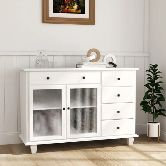 Grondin Mid-Century Modern Wooden Sideboard Buffet Storage Cabinet with Fluted Glass Doors and 5 Drawers