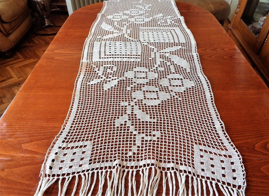 Antique Crochet Table Runner, Filet Lace Dresser Scarf, Ecru Runner With Fringes, Romantic Home Decor, Linens
