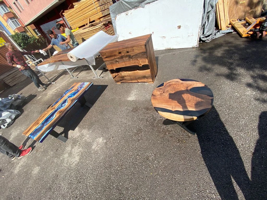 Custom Epoxy Table, Furniture Package, 75cm Diameter Round Walnut Wood Smokey Gray Table Order For Chedburn