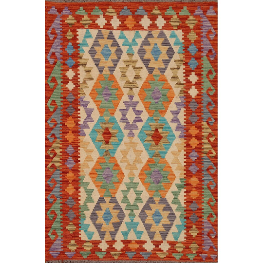 Multi-Color Kilim Oriental Area Rug Flat-weave Geometric Wool Carpet - 3'4" x 5'0"