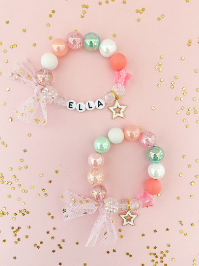 Kids Star Summer Charm Bracelet, Toddler Personalized, Custom Name, Children's, Pink, Tulle