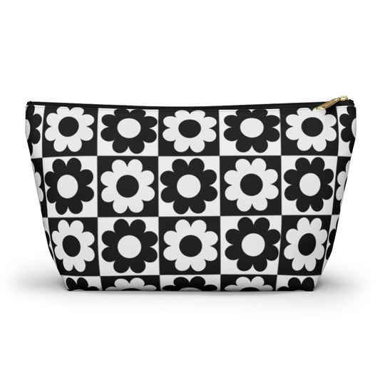 Retro Flowers Checkerboard Pouch, Cosmetic Bag, Pencil Case