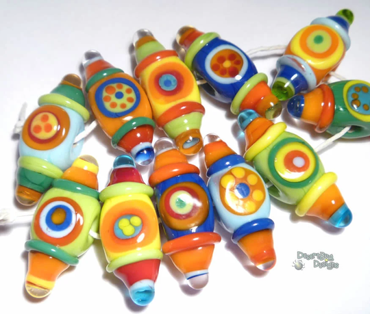 Color Toggles Lampwork Beads Handmade Bright Colors in Red Yellow Blue Green Set Of 11