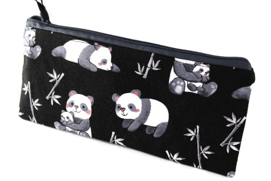 Pencil Case Panda Fabric Zipper Pouch Makeup Cosmetic Accessory Bag Handmade Gift For Her Black Green - Personalized First Name/Word