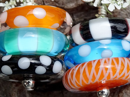 Colorful Lampwork Earrings, Colorful Glass Disc Beads, Black White Orange Teal Aqua Earrings