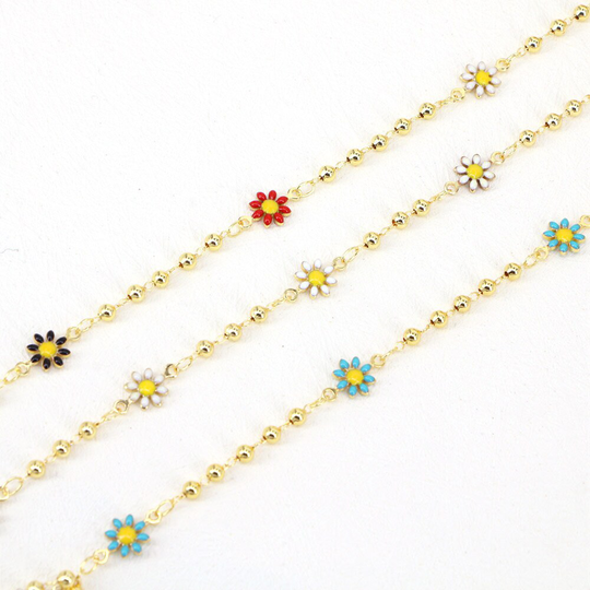 5 Meters, Colorful Enamel Daisy Chain, Plated Gold Bead Ball Mixed Color Flower Chain Bulk, Floral Link For Jewelry Making