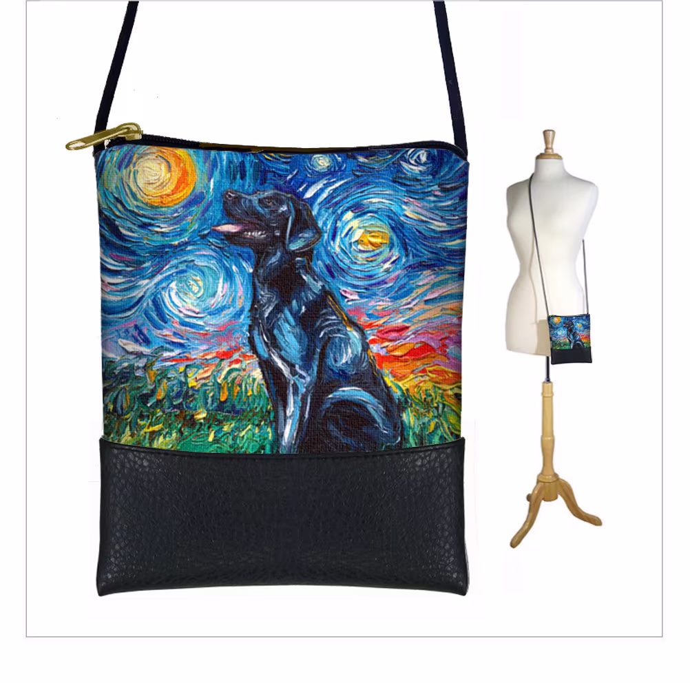 Sg Black Labrador Gift, Small Crossbody Bag, Starry Night Cell Phone Purse, Mini Shoulder Bag, Celestial Moon Dog Art Blue Black Rts