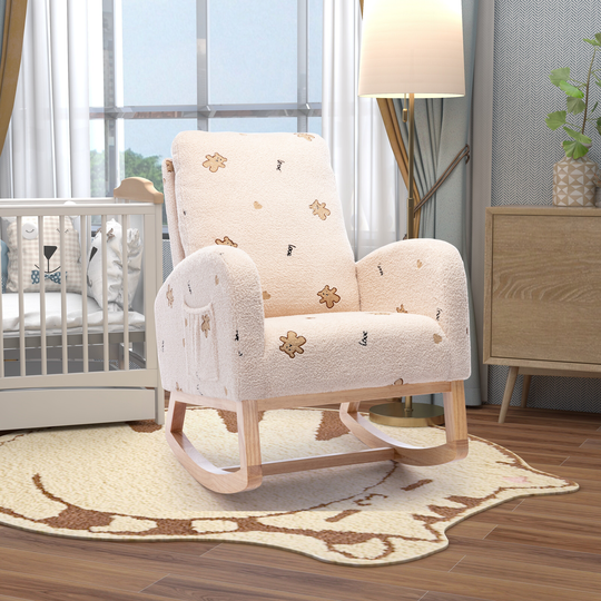 Mid Century Modern Rocking Chair for Nursery with Side Pocket, Upholstered High Back Wooden Rocking Chair for Kids Room