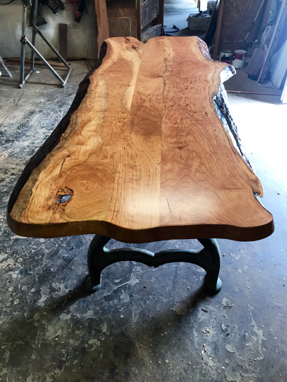 Live Edge Slab Table, Cherry Dining Cast Iron Leg Table