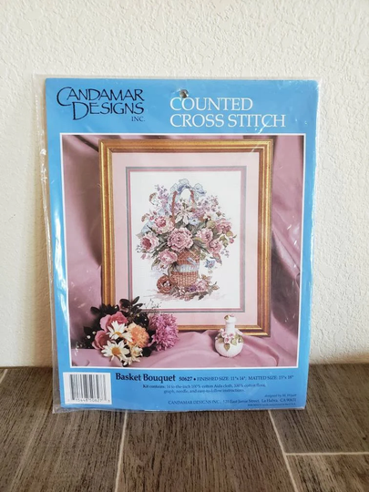 Vintage Counted Cross Stitch Kit "Basket Bouquet" 1994 Candamar Design Stitch
