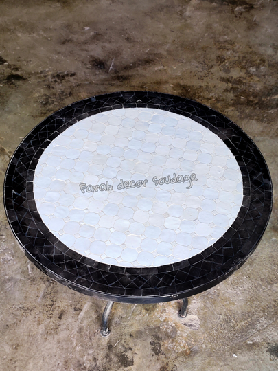 Customizable Mosaic Table, Natural White Zellige, Handcrafted Round Moroccan Outdoor/ Indoor Mediterranean Living, Black Tile