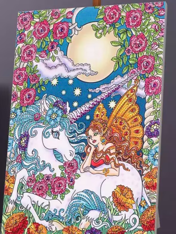 Us Seller. 40x30cm Enchanted Unicorn, Fairy, Fantasy, Clear Rhinestones. Diamond Painting Kit. Special Drill Shapes, Partial Drill. Fast S&h