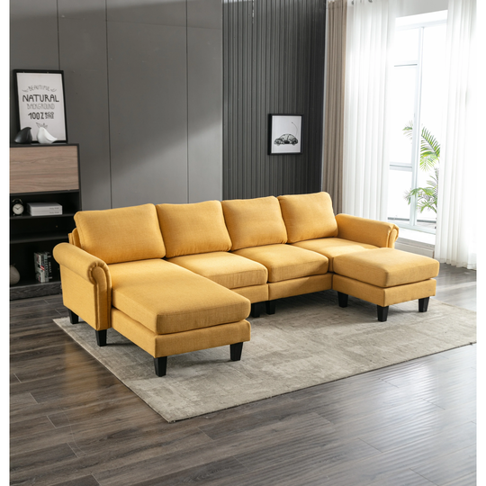 6 Seat L-Shaped Sectional Sofa Set Living Room Linen Upholstered Accent Sofa Modern Chaise Couch with 1 Ottoman & Wood Feet