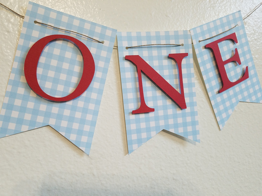 High Chair Banner, One Blue Gingham Banner, Light Gingham, Baby & Red, Check Banner