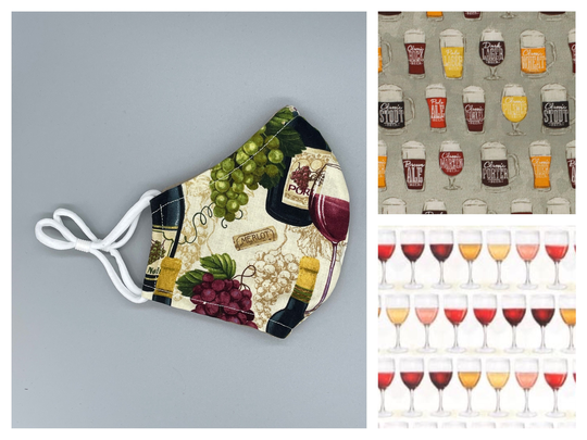 Wine, Beer, Vineyard Face Mask - Adult, Child, Kid, School, Adjustable, Nose Wire, Cotton, Washable, Handmade, Reusable