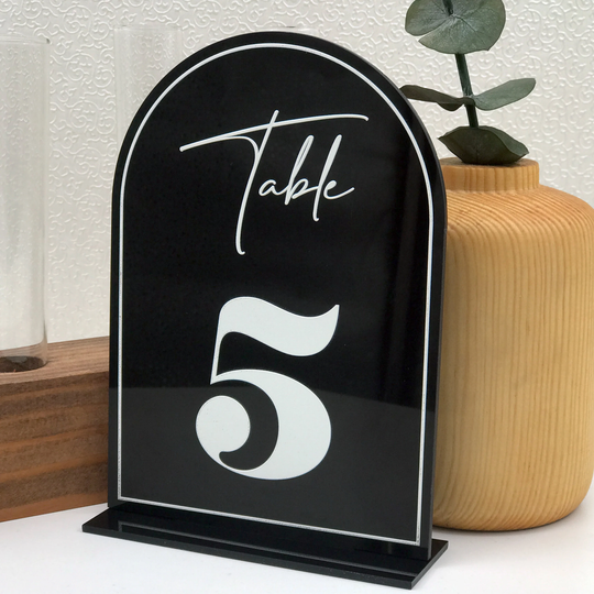 Black Arch Acrylic Wedding Table Numbers With Stand, Custom