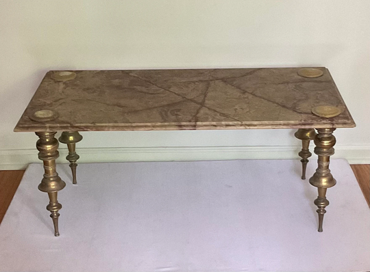 Italian Vintage Coffee Table With Rose Red Green Veins Marble Top & Brass Legs, Circa 50's