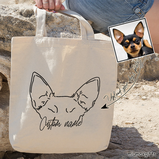 Custom Dog Ears Outline Tote Bag, Chihuahua Line Art Drawing Minimalist Bag