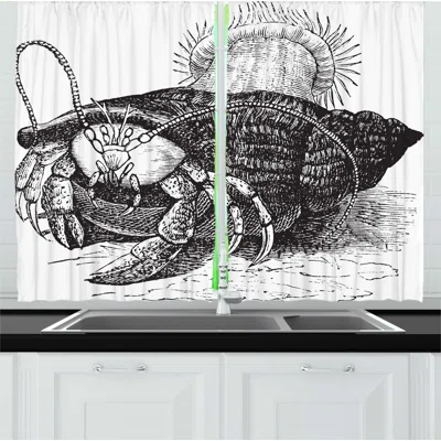 2 Piece Hermit Crab Monochrome Pencil Drawing Illustration of a Crab Dragging Sea Anemones Kitchen Curtains Set