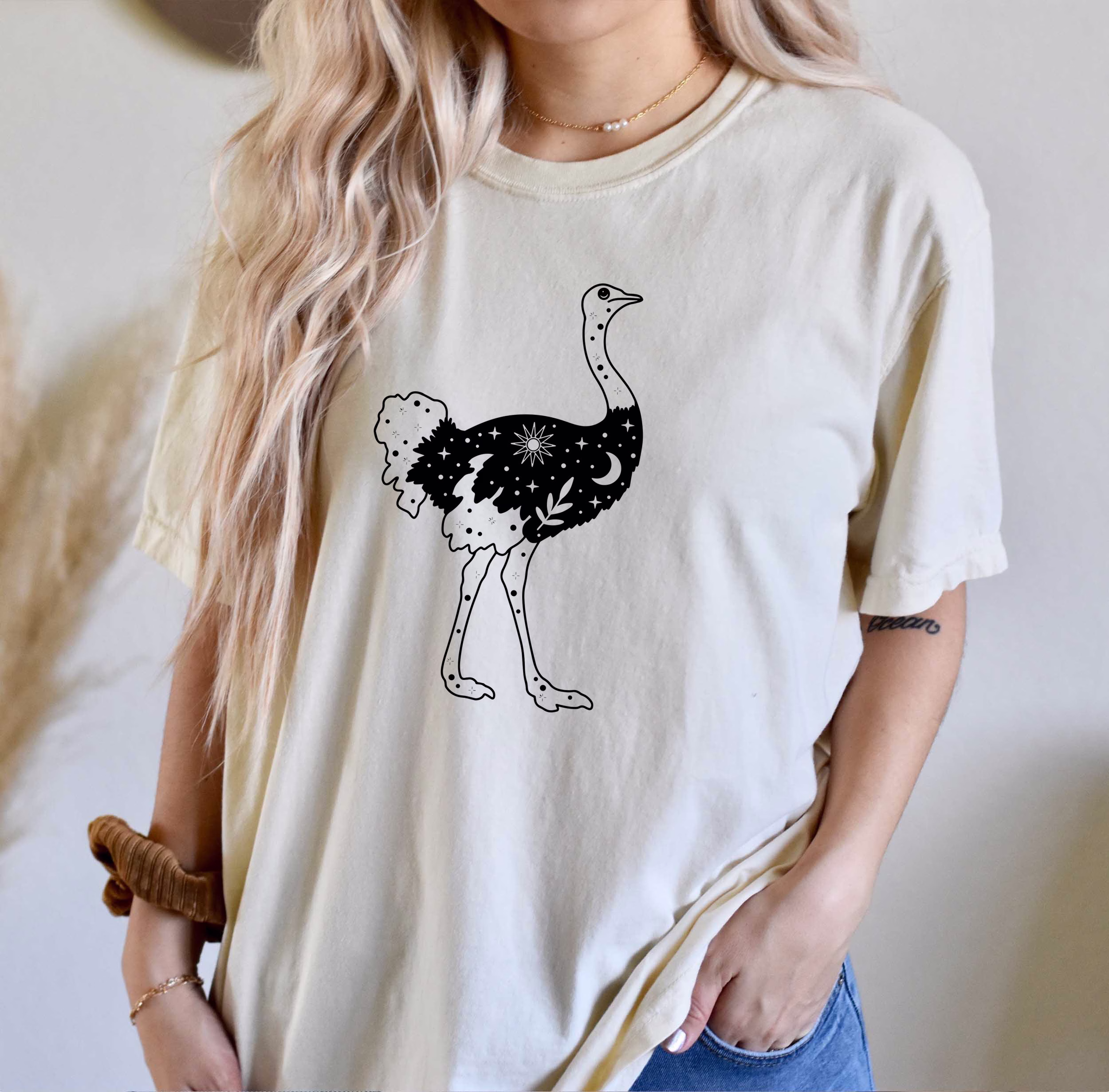 Comfort Colors Celestial Animals Shirt, Ostrich Top, T-Shirt, Comfy Oversized Boho