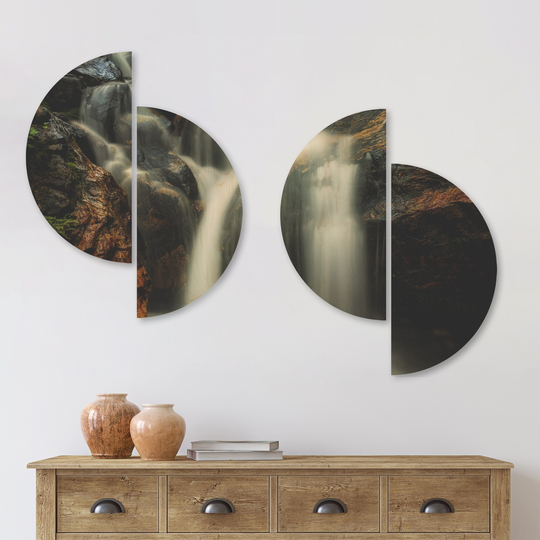 Designart 'Slow Motion Waterfall on Rocks' Landscape Wood Wall Art Set of 4 Half Circles - Multi-Color