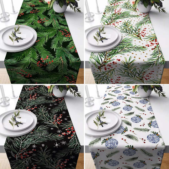 Christmas Holly Flower Table Runner, Red Pine Berry Kitchen Decoration, Floral Decor, Cotton Tablecloth, New Year's Gift