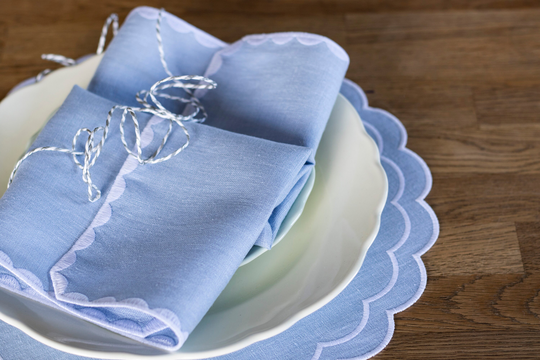 Baby Blue Linen Round Table Mats With Scallop Edges in White For Decor Set Of 2, 4 Or 6
