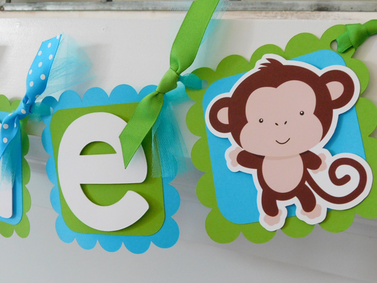 Monkey High Chair Banner, Party Decorations, Birthday Banner in Blue & Green