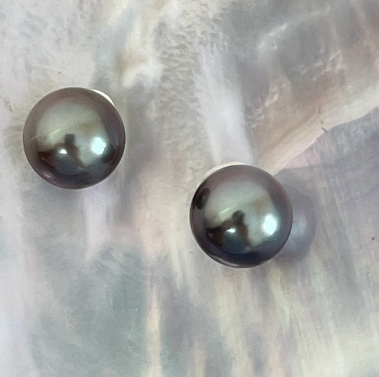Rocket Color Collection Incredible Vivid Natural Glossy Grape 8mm Tahitian Cultured Pearl Stud Earrings With 14K Gold Backing