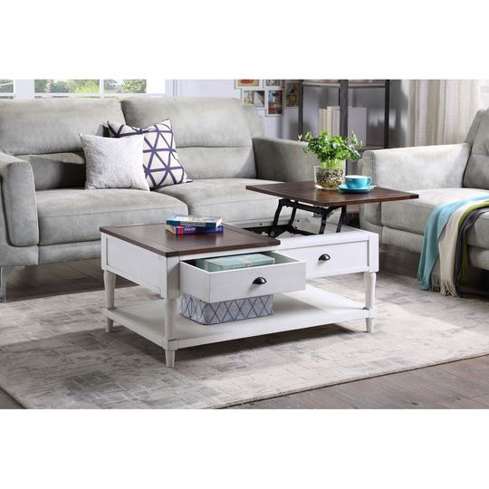 Coffee Table Lift Top Wood Home Living Room, with 1 Drawer and Shelf, White and Brown