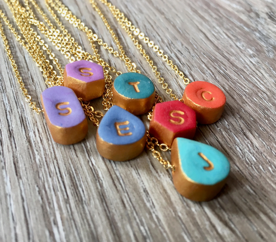 Small Colorful Stamped Letter Necklaces, Geometric Shapes, Dress Colors, Dainty Letter Necklace, Gold Plated, Teen Jewelry