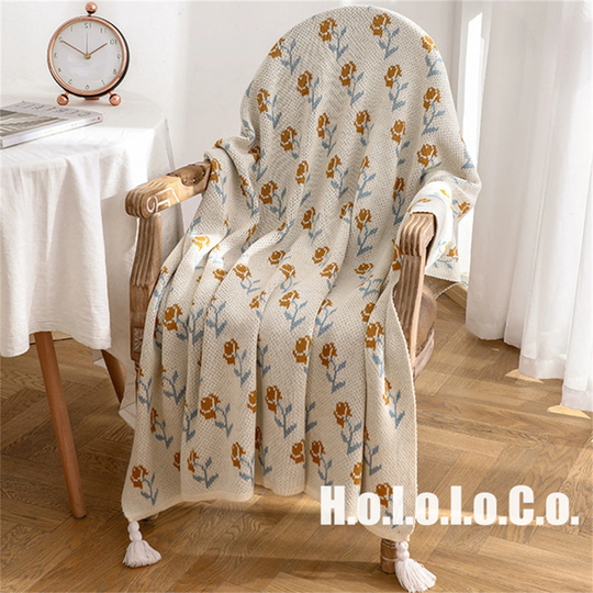 Handmade Knitted Blankets, Bohemian Sofa Throw Blanket, Knitted Blanket With Tassels, Floral Blanket, Countryside Blanket, Gift
