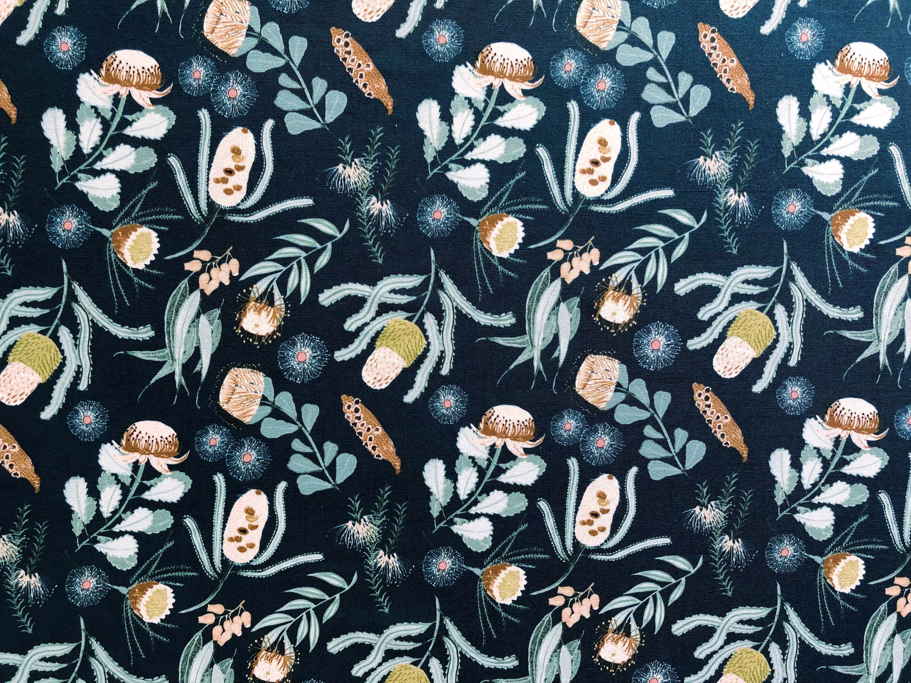 Australian Native Bushland Beauties Banksia Protea Gum Nut Blooming Floral Quilting Cotton Fabric By 1/4, 1/2 Yard Or Fat Quarter