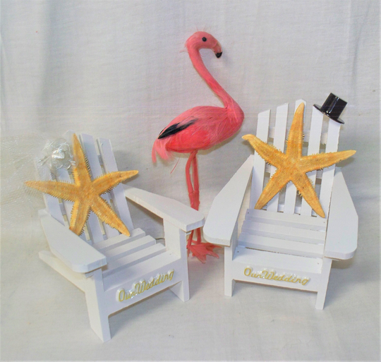Wedding Reception Adirondack Chairs Starfish Tulle Veil Flamingo Cake Topper