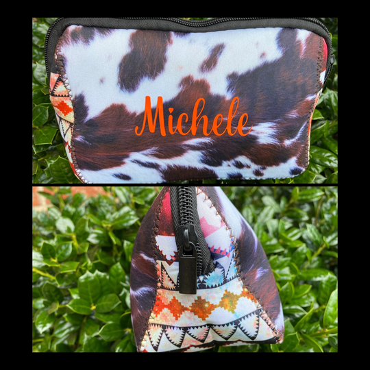 Personalized Make Up Bag - Cosmetic Cow Print Aztec Pencil Clutch Zipper Beauty Up