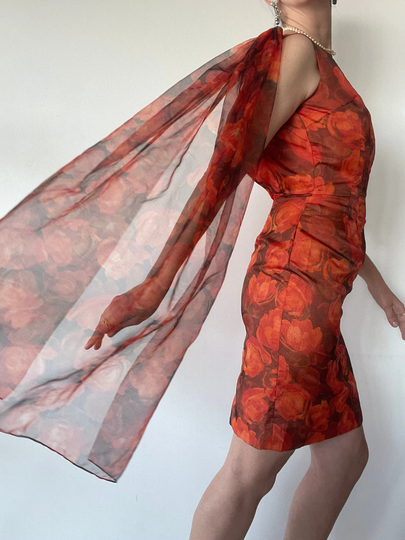 Vintage Roses Organza Mini Pencil Dress Cocktail Party Prom With Xxl Long Angel Sleeve 100% Polyester Size Xxs/Xs