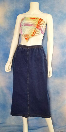 Vintage 90S Dark Wash Denim Elastic Waist Pencil Maxi Skirt/ Mainstreet Blues/ Size S-M