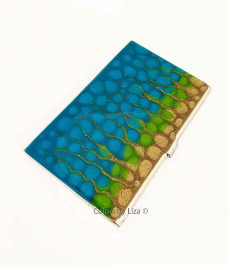 Peacock Colors Business Card Case Turquoise Lime Green & Gold Enamel Hand Painted With Personalized Color Options Available