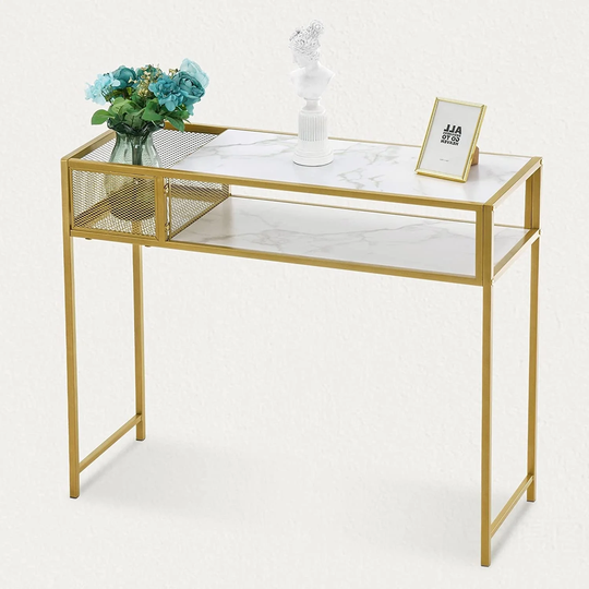 Ivinta White Gold Console Table with Storage, Marble Sofa Table