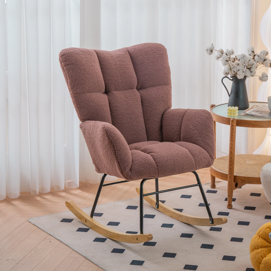 Mid Century Modern Teddy Fabric Tufted Upholstered Rocking Chair Padded Seat with Solid Wood & Metal for Living Room Bedroom