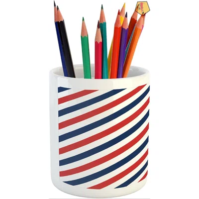 Stripe Pencil Pen Holder, Vintage Barber Pole Helix Of Colored Stripes Medieval Contrast Design, Printed Ceramic Pencil Pen Holder For Desk Office Acc