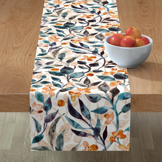 Painted Floral Table Runner - Watercolor Leaves & Blossoms By Micklyn Elegant Dark Teal Coral Cotton Sateen Spoonflower