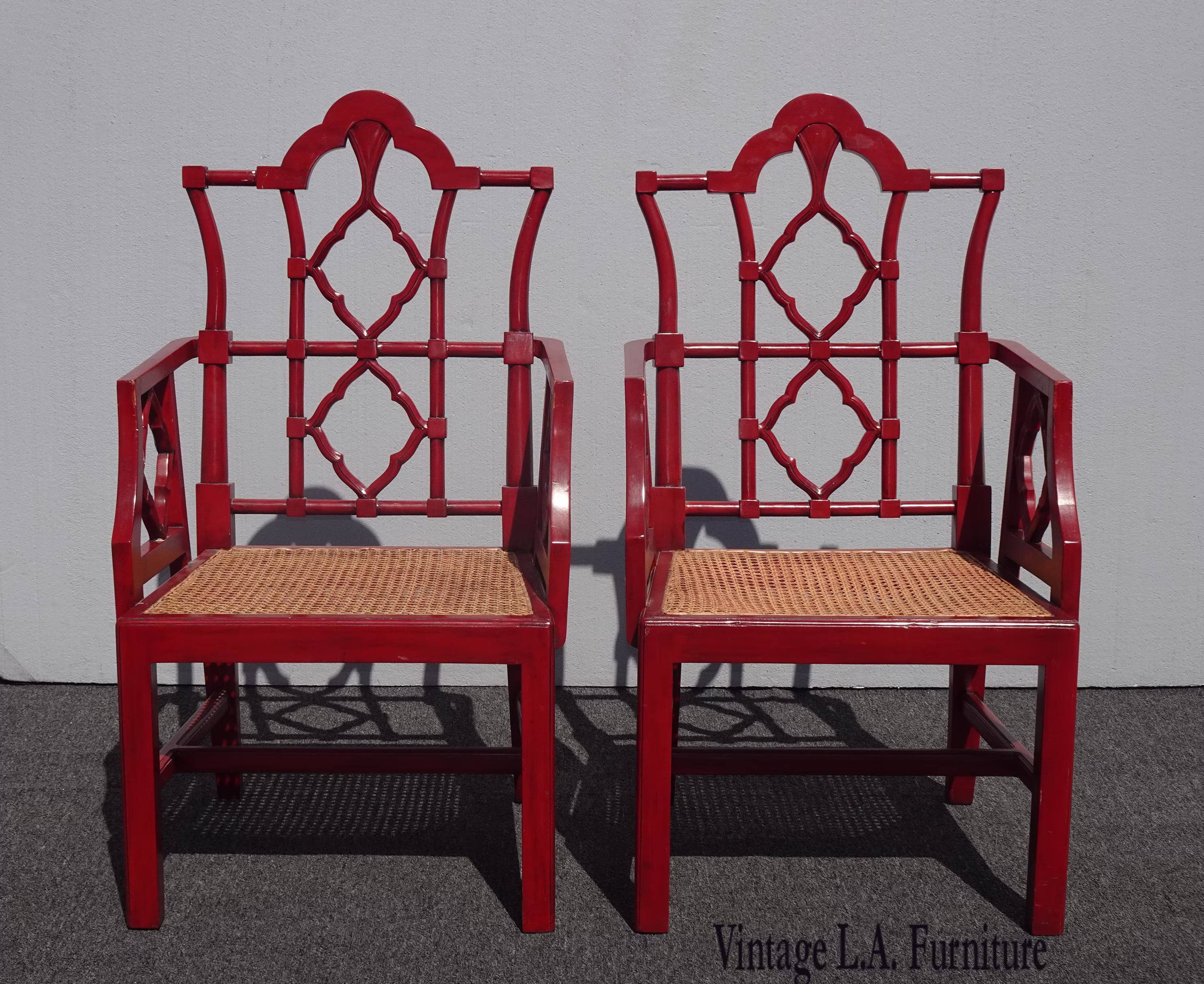 Pair Mid Century Red Chinese Chippendale Chinoiserie Cane Seat Arm Chairs