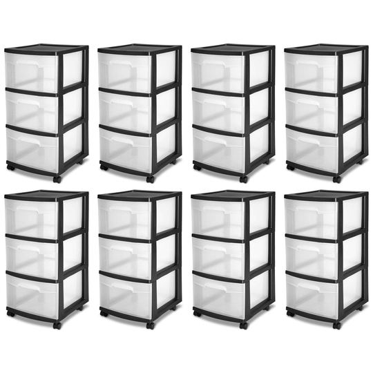 Sterilite 3 Drawer Storage Cart with Clear Drawers and Black Frame (8 Pack)
