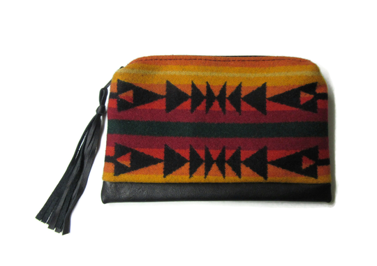 Large Zippered Pouch Leather Backed Pencil Case Cosmetic Bag Make Up Clutch Purse Organizer Wool From Pendleton Oregon