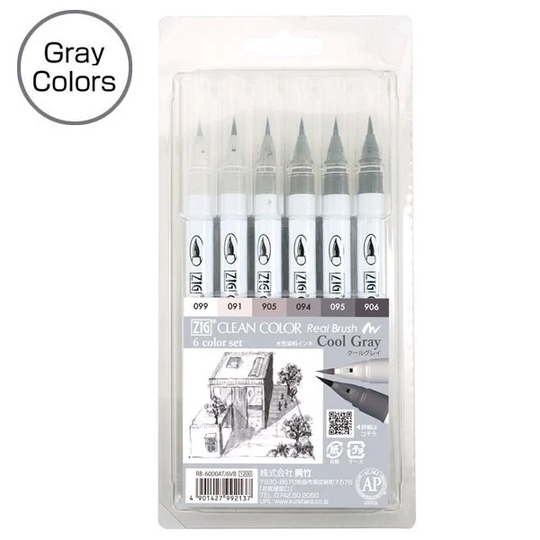 Kuretake Zig Clean Color Real Brush Cool Gray 6 Set | Rb-600At/6Vb